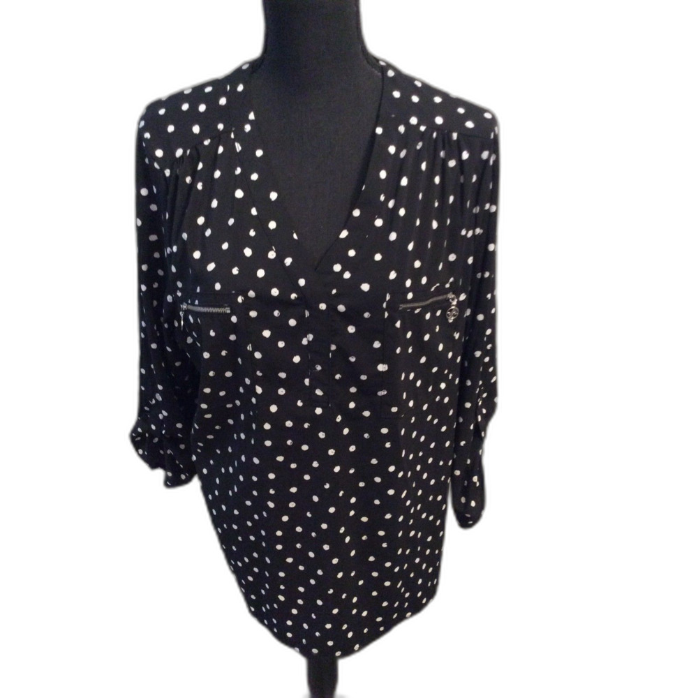 Adrienne Vittadini XL Black White Dots V Neck Tunic Zip Front Pockets